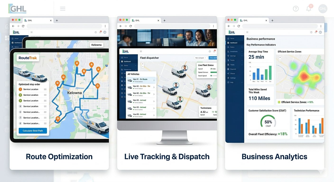 RouteTrak features: Route Optimization, Live Tracking & Dispatch, Business Analytics